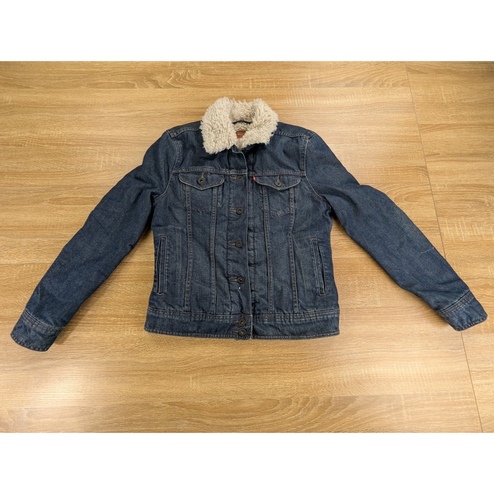 Levis Sherpa Lined Denim Trucker Jacket Fleece Collar Dark Wash Size Small